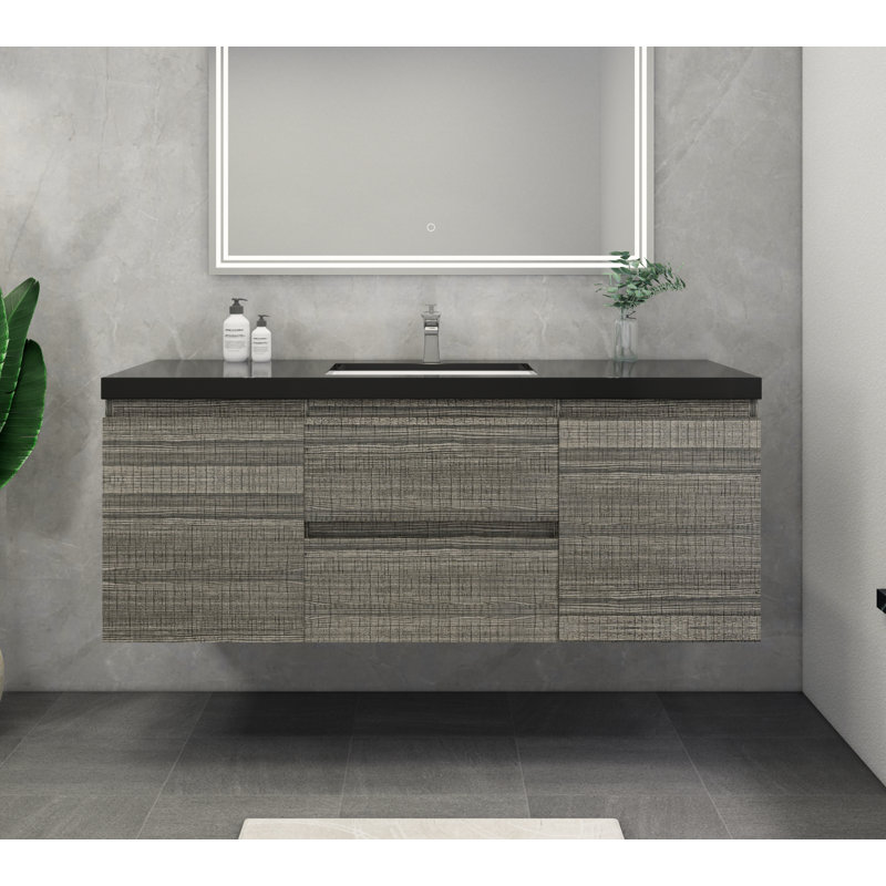 Castin 60" Wall-Mounted Single Bathroom Vanity Set, Glossy Ash Gray