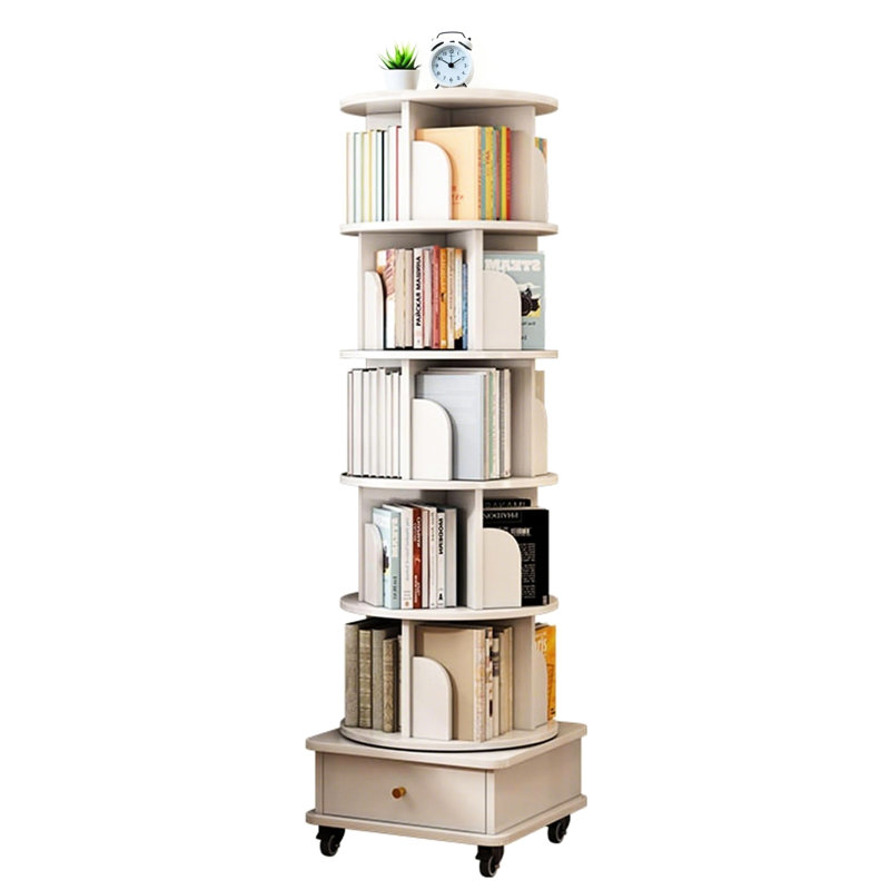 Bibliothèque 6 niveaux à 360 degrés avec roulettes, tiroir et espace universel flexible, blanc chaud pour la chambre à coucher, le salon et les tablettes
