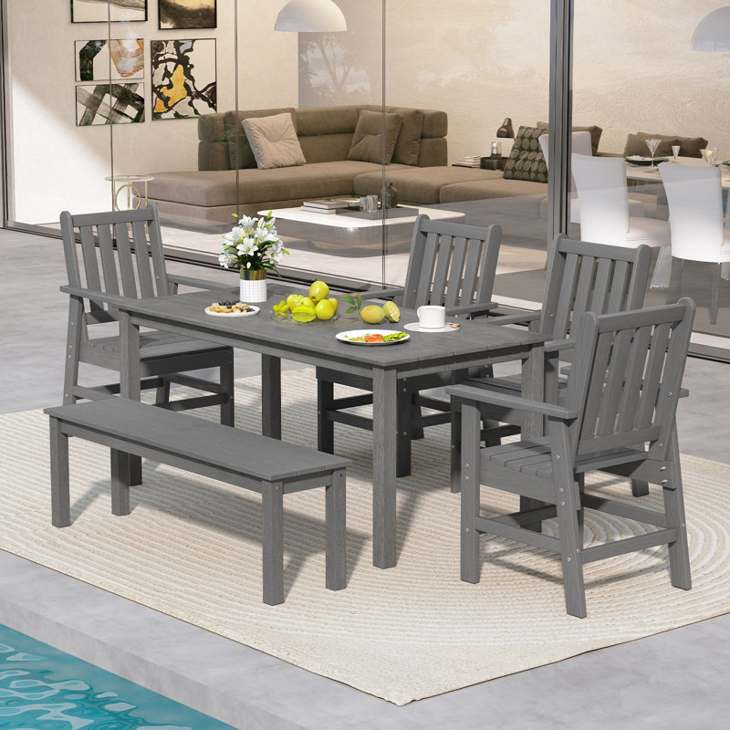 6PCS Patio Dining Bench Set Outdoor HDPE Weather Resistant Table & Chairs Set Gray, Gray