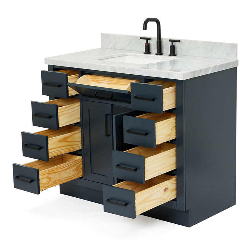 Meuble-lavabo simple en bois massif 42 po avec plateau en marbre Carrara de 1,5 po Thornaby, Bleu minuit / laiton satiné