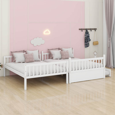 Lit double superposé double avec lit gigogne, cadre de lit gigogne en bois massif avec garde-corps et échelle, convertible en 2 lits, lits superposés pour adultes, enfants et adolescents