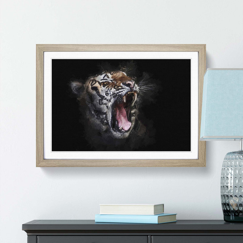 A Yawning Tiger - Framed Print, 33cm H x 45cm W x 2cm D, Oak Framed