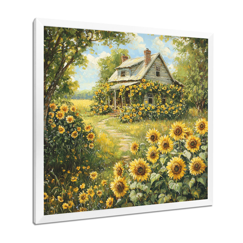 Dorcinvil, campagne, tournesols par le chalet II - tournesols, art mural, H 16 po x l 16 po, Picture Framed Print, Blanc