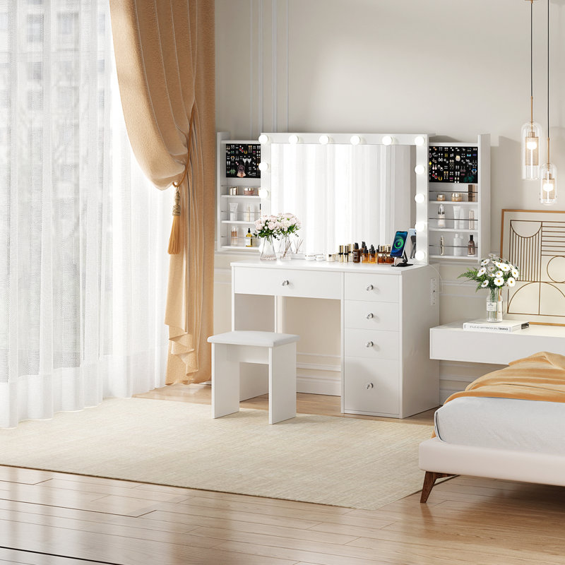 Greyden 14 Hollywood Bulbs Vanity Set with Hidden Space and Outlets, White