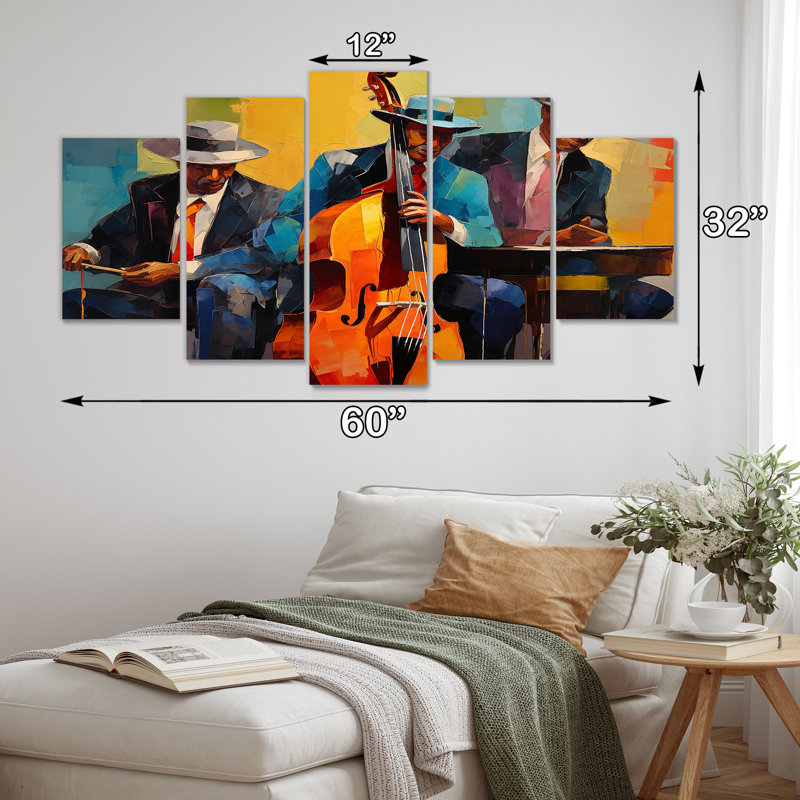 Trio de jazz avec chapeaux rétro Groovy - Musicien, art mural sur toile, 5 pièces