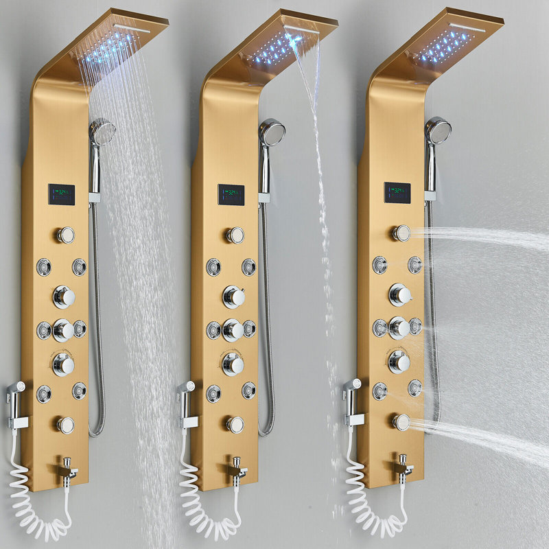 Gold LED Shower Panel Column Tower Stainless Steel Body Jet Shower Mixer System