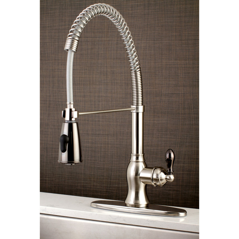 Kingston Brass Kaiser Single-Handle 1-or-3 Hole Deck Mount Pre-Rinse Kitchen Faucet, Brushed Nickel/Black Stainless Steel