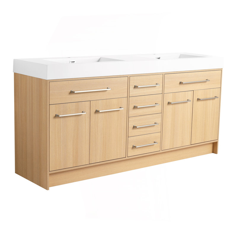Meuble-lavabo autoportant de 72 po avec double lavabo en résine, 4 portes à fermeture douce et 6 tiroirs à fermeture douce, chêne original, contreplaqué