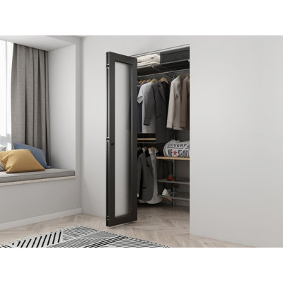 36 in. x 80 in. Full Lite Frosted Glass Black MDF Bi-Fold Door with Hardware Kit and Door Handle