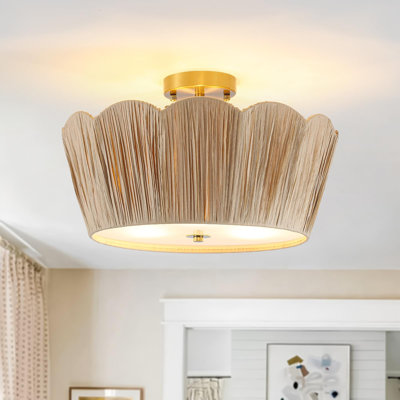 Plafonnier semi-encastré bohème à 3 lumières de 46 cm (18,1 po) avec abat-jour en raphia tissé à la main, lustre de style ferme moderne pour chambre, cuisine, couloir ou salle à manger