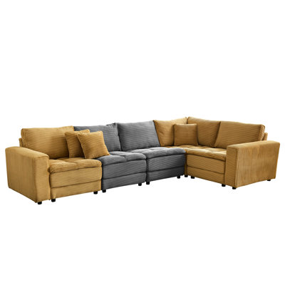 5 sièges d'angle en forme de L avec revêtement en velours côtelé, coussins amovibles, canapé-lit convertible, séduisant pour le salon en palette de couleurs jaune et grise