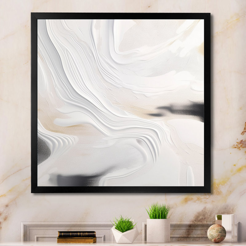 Blanc et or ondulations de pierre - art mural abstrait en marbre, Impression encadrée, H 30 po x l 30 po, Noir
