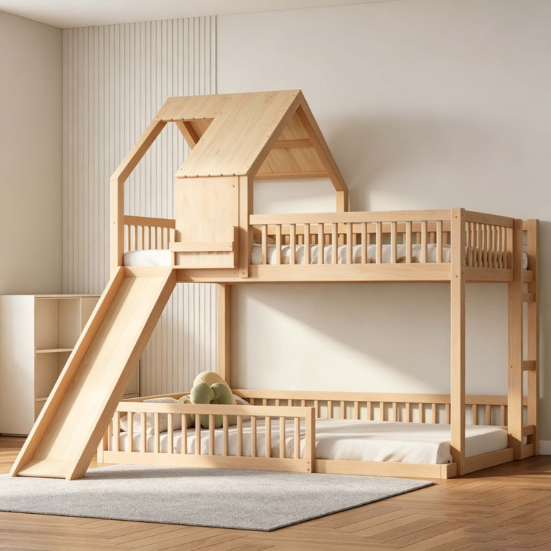 Full XL Over Queen Floor House Bunk Bed with Slide & Built-In Ladder, Natural Solid Wood Kids Bed Frame with Full Guardrails, 400/600lbs Capacity