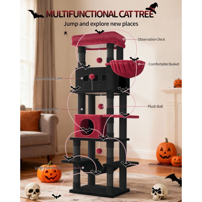 Cat Tree for Indoor Cats, Large Tall Cat Tower, Multi-Level Cats House with Condo, 8 Scratching Posts, Hammock, 4 Pom Poms