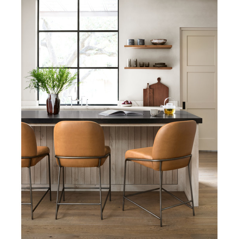 Laina Upholstered Counter Stool with Metal Frame, Faux Leather Butterscotch/Camel, Counter Stool (25" Seat Height)