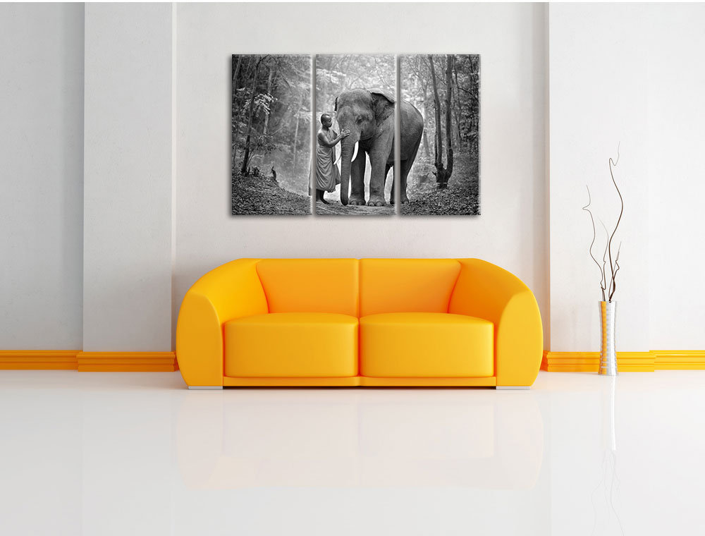 3-tlg. Leinwandbilder-Set „Wunderschöner Elefant mit Mönch“, Fotodruck