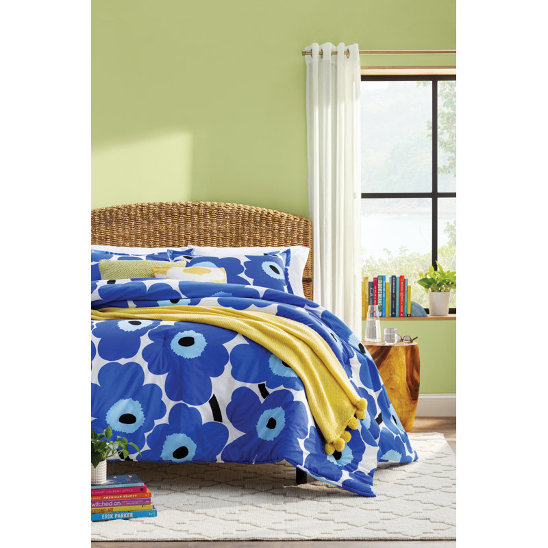 Marimekko Unikko Cotton Comforter Set, Full/Queen Comforter + 2 Standard Shams, Blue