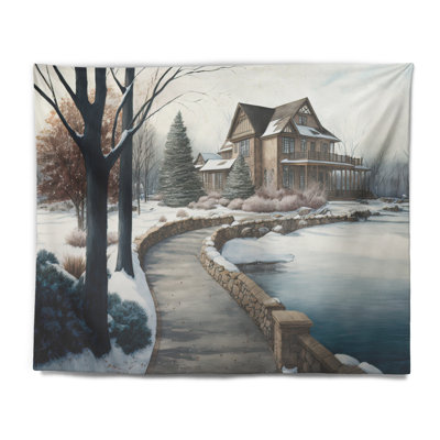 Calm Red Barn In Winter III Polyester Tapestry