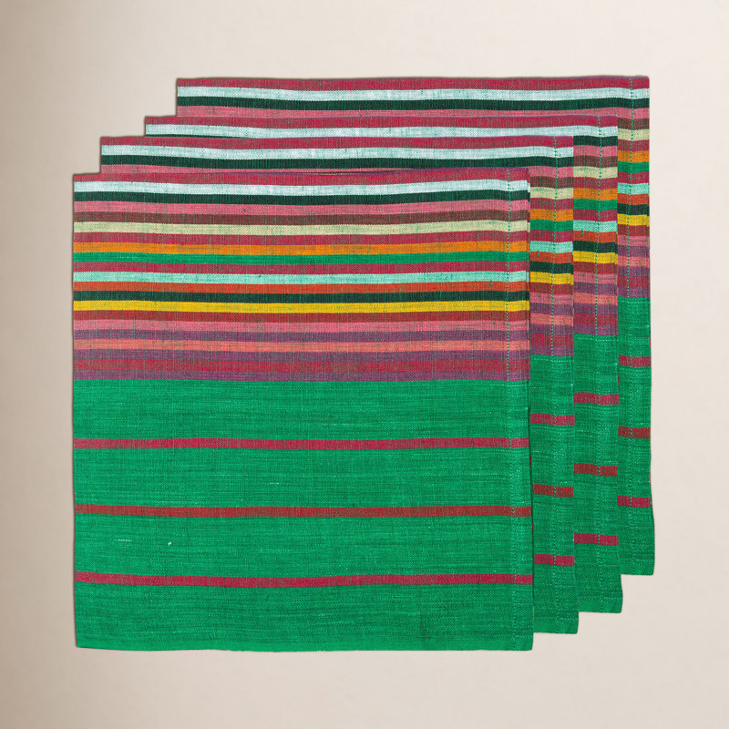 Linen Striped Square Napkin, Green/Red/Yellow