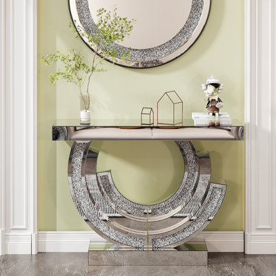 47.9" Mirrored Glass Console Table With Crushed Diamond Inlay | Gift Idea