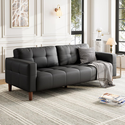 3-Seater Sofa Couch, 83" Wide Faux Leather Sofa Couch with Spring Cushion, Modern Sofa with Deep Seats and 2 Removable Back Cushions, for Living Room, Apartment, Office, Modern Black