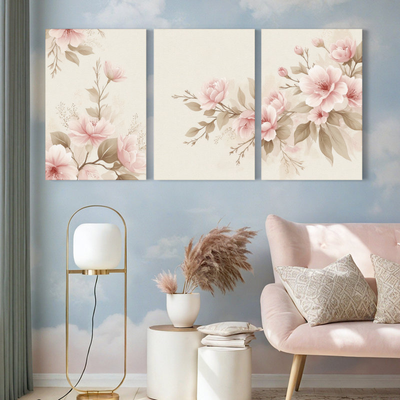 «Blush Floral», reproduction d'art sur toile tendue sur toile (ensemble de 3), H 18 po x l 36 po