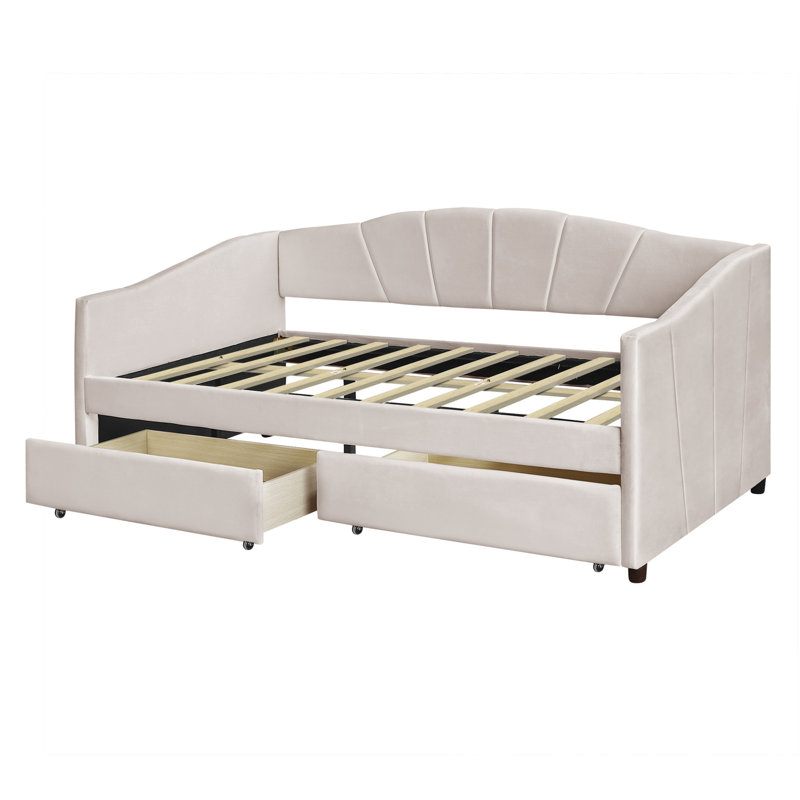 Kacy Upholstered Daybed with Trundle, Sofa Bed, Beige, Twin 1