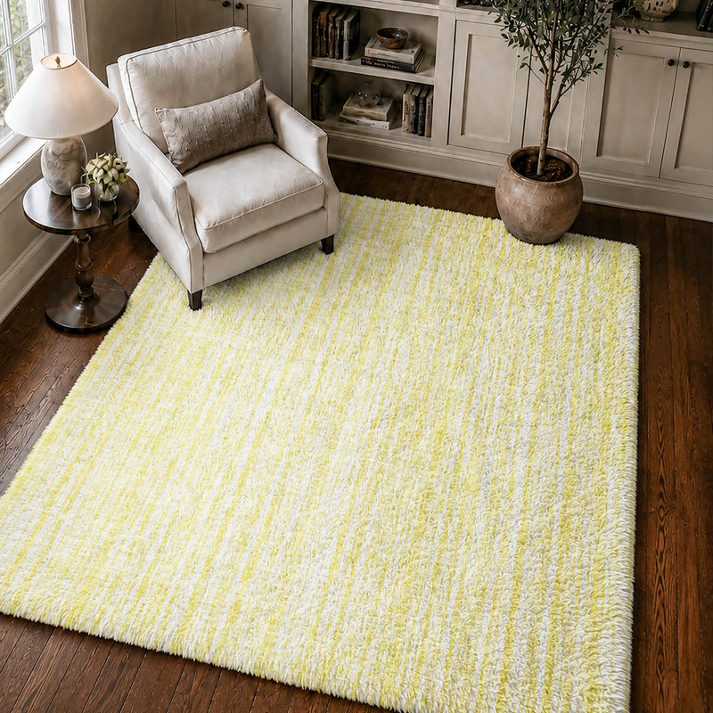 Tapis à rayures Shaggy Dream lavable à la machine de qualité supérieure, Jaune, 9' x 12'