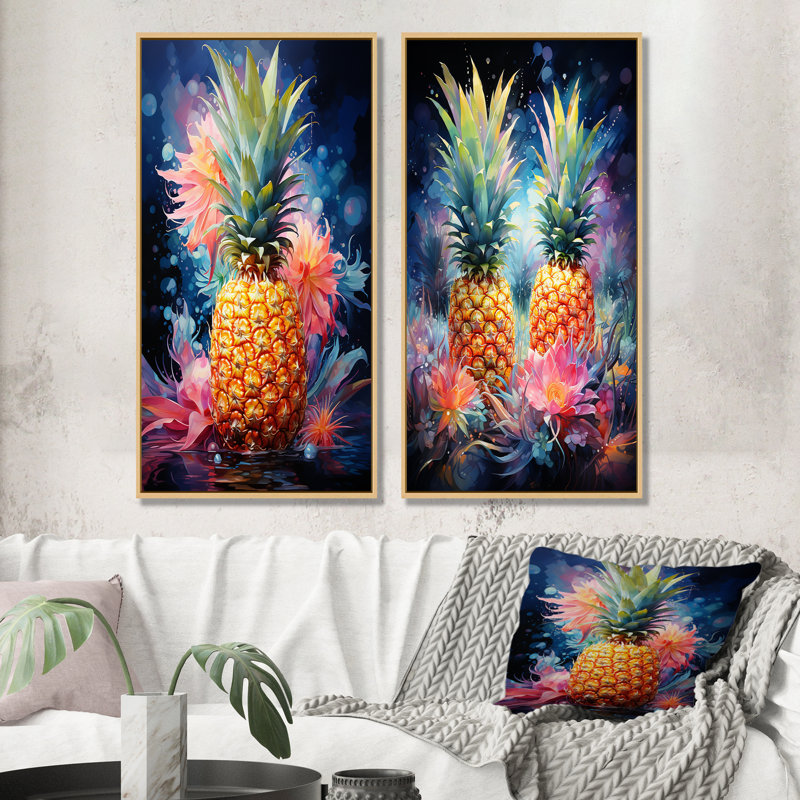 «Green and Yellow Cosmic Pineapple I», ensemble de 2 ananas sur toile, Encadrement brun, H 28 po x l 25 po