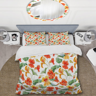 Fleurs orange et jaunes - Ensemble de housse de couette floral - Polyester microfibre