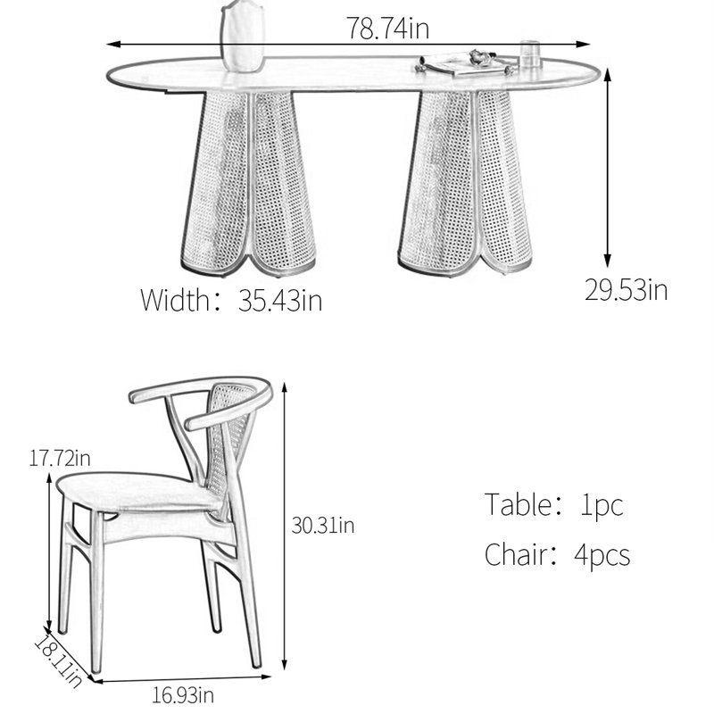 Ash rattan oval dining table set, 29.53”H x 78.74”L x 35.43”W