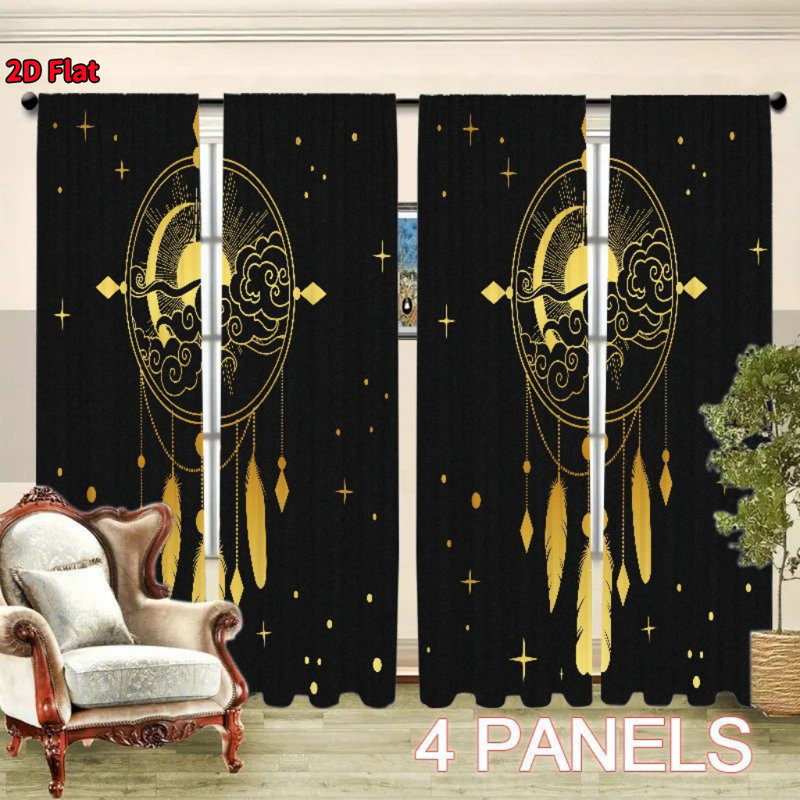 4Pcs Mystical Sun & Moon Dreamcatcher Pattern, Rod Pocket Installation, Digital Print Curtains, Ideal for Bedroom, Living Room, Dining, Kitchen, Home Decor, Privacy Protection