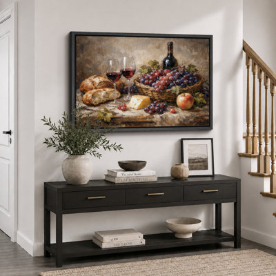 Wine Grapes Bread And Cheese Still Life Artwork, Dining Room Pictures, Framed Canvas Giclee Print Wall Art