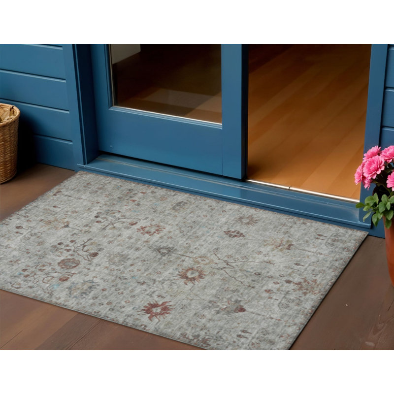 3' X 5' Gray And Copper Floral Washable Indoor Outdoor Area Rug