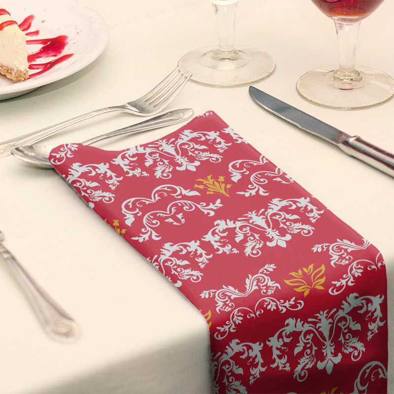 Damask Square Napkin, White/Red/Gold, Polyester, 10" W x 10" L