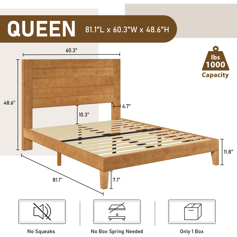 Dezera Solid Wood Platform Bed With 48.6'' Headboard, Queen, Yellow