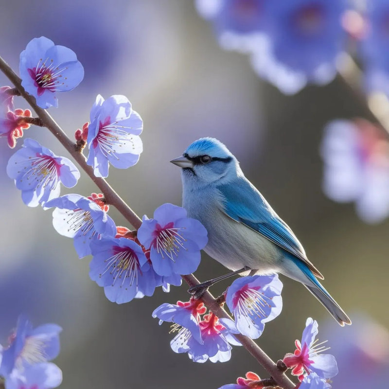 «Blue Harmony: Songbird on Blossoming Branch», art mural sur toile tendue