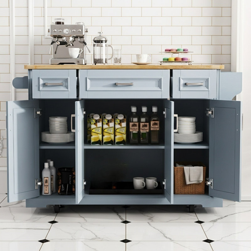 Îlot de cuisine avec abattant et roulettes, Bleu gris