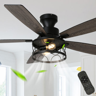 52" 5-Blade Black Flush Mount Ceiling Fan with Lights and Remote Control, 6-Speed Low Profile Farmhouse Ceiling Fan for Bedroom, Living Room
