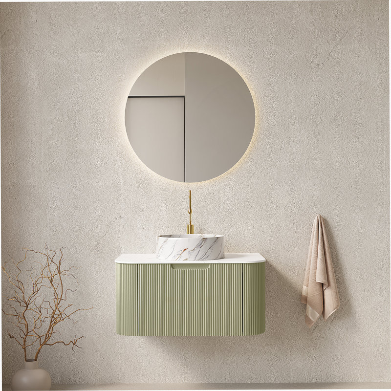 Meuble-lavabo mural 48 po avec bords courbés, 2 tiroirs, lavabo en céramique blanche et finition grain de bois naturel, 48"