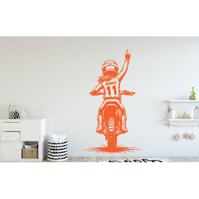 Adhésif décoratif petite fille motocross, cadeaux personnalisés, nom personnalisé, autocollant mural, art mural Motocross, chambre d'enfant 356DRE