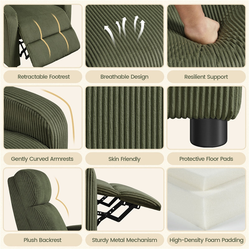 Fauteuil inclinable manuel moderne et doux au toucher, recouvert de tissu velours côtelé, Vert foncé