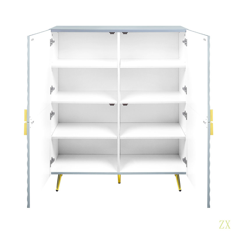 High Gloss Finish Accent Cabinet With Wave Pattern Design, Four Doors And Adjustable Shelves, Gray