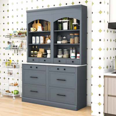 Set of 2 Freestanding Tall Kitchen Pantry with Adjustable Shelf, Faux Marble Top and Drawers by Red Barrel Studio