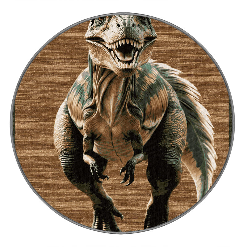 Tapis brun dinosaures lavable à la machine, Rond 7 pi