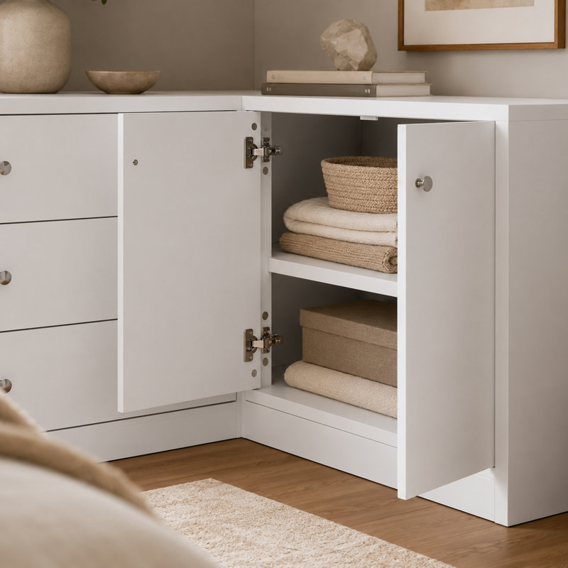 Armoire de coin blanche 26 po - 3 tiroirs + 2 portes, ensemble anti-basculement inclus