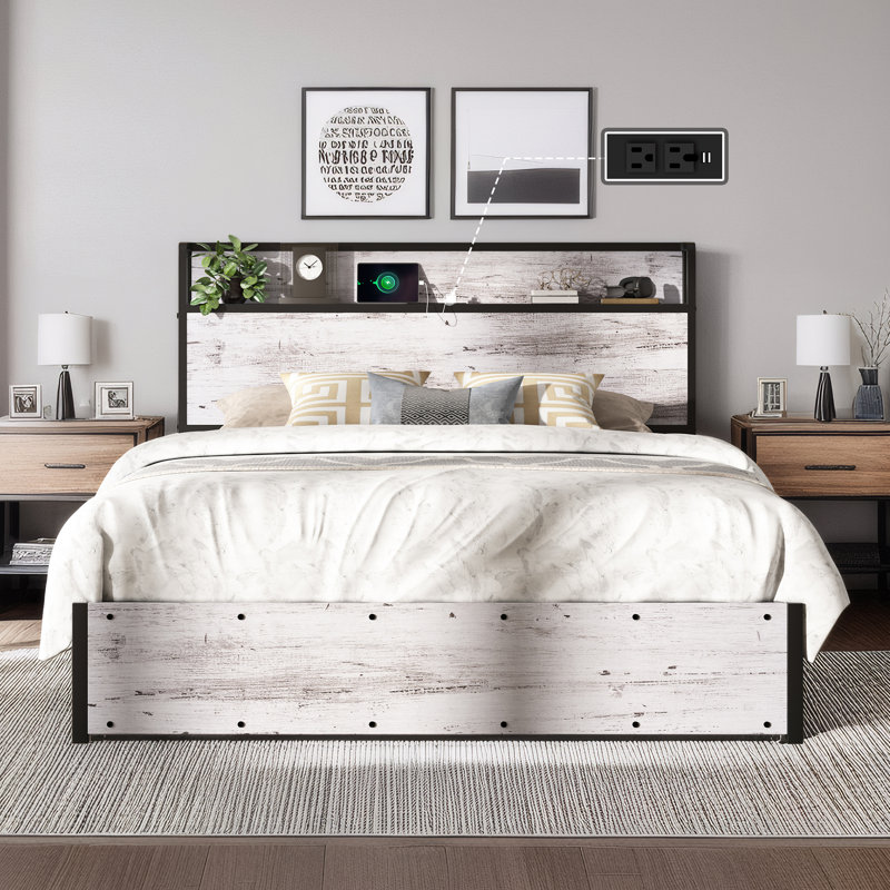 Lit escamotable en bois avec station de charge, Grand lit, Bouleau blanc