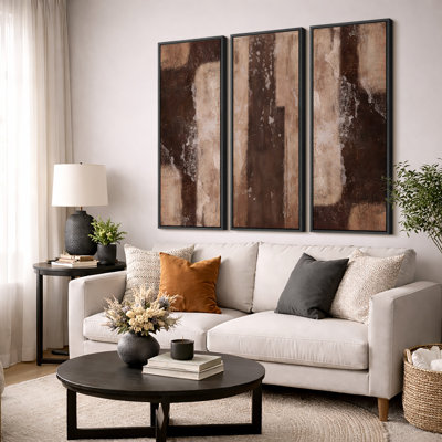 «Vintage Industrial Brown Neutral Abstract Triptych», reproduction d'art sur toile encadrée très grande, 3 pièces