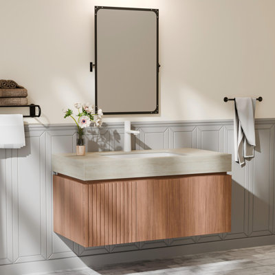 36" Wall-Mounted Bathroom Vanity With Sink, Plywood Cabinet With Drawer & Door, Travertine-Pattern Sintered Stone Countertop, Pre-Assembled