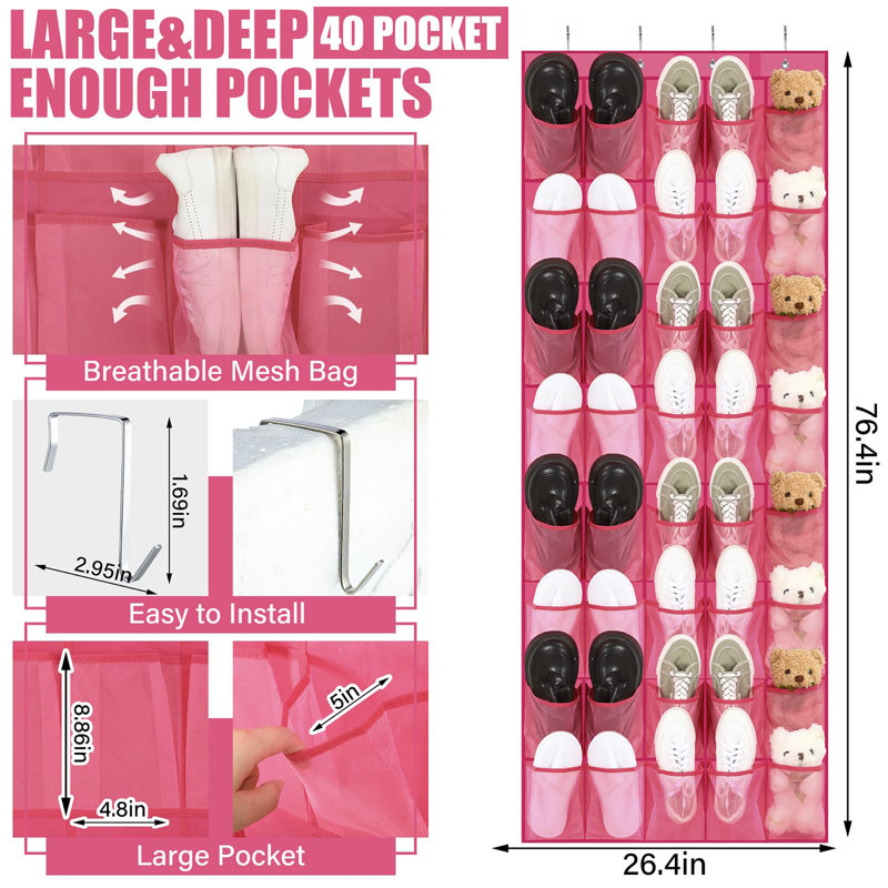 40 Pairs of Shoes Storage Rack Door Shoe Rack with Large Mesh Bag Hanging Shoe Rack, Rose Red